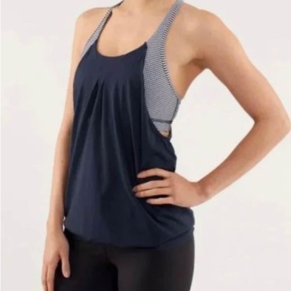 lululemon Practice Freely Bra-Top Tank in Inkwell Navy Blue Gingham